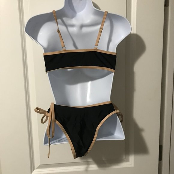 Shein Bikini Swimsuit Black/Brown Trim Cutout Side And Front Ties Small New - Picture 2 of 3